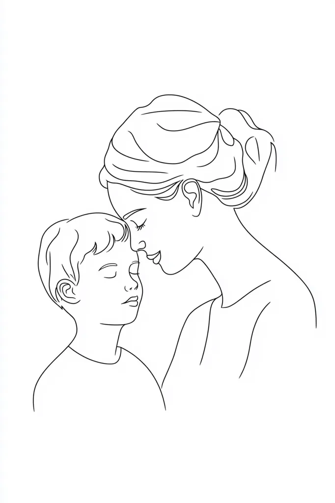A line drawing depicts a tender moment between a mother and her young son.  The mother, with her hair pulled back, gently leans down to kiss her son's forehead.  The child's eyes are closed, suggesting peace and contentment. The simple lines create a feeling of warmth and affection. The minimalist style emphasizes the connection between them.