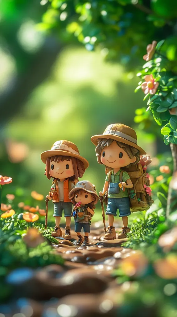 A charming family of three, depicted as adorable figurines, embarks on a delightful hike through a lush, vibrant forest.  The parents, wearing matching hats and backpacks, guide their young child along a muddy trail.  Surrounding them is a picturesque setting of greenery, sunlight dappling through the leaves, creating a magical atmosphere. The scene evokes a sense of family adventure and the joy of exploring nature.