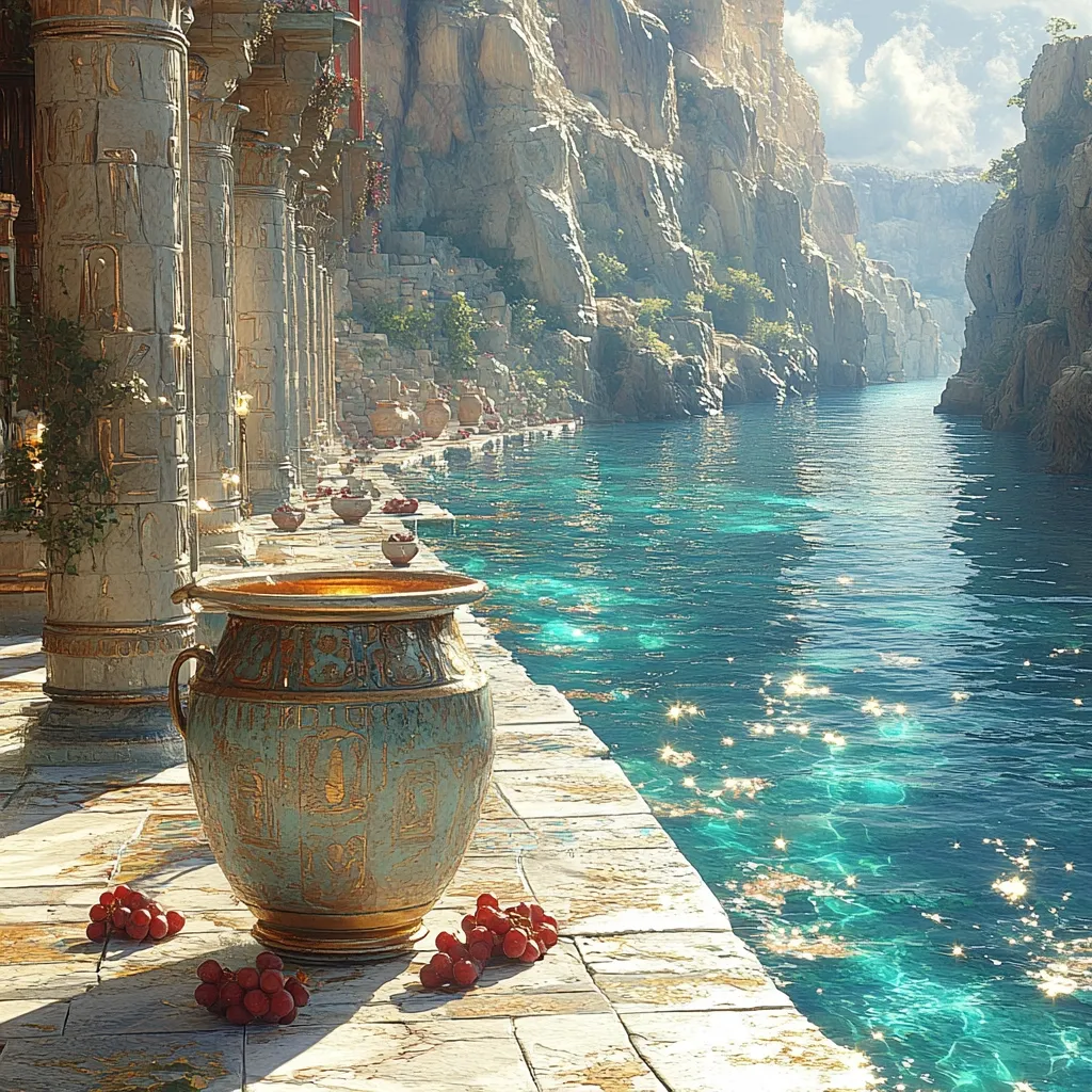 A large, ornate golden and teal urn sits on a sun-dappled stone pathway beside a calm, turquoise waterway.  Clusters of red grapes are scattered around the base.  The pathway leads to a colonnaded structure, reminiscent of ancient architecture, nestled within a dramatic, rocky canyon.  Sunlight glints off the water, creating a serene and picturesque scene.