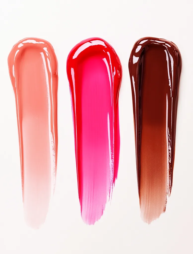 Three swatches of lip gloss are displayed against a white background.  From left to right, the colors are a light peachy nude, a vibrant hot pink, and a deep reddish-brown.  Each swatch is a thick, slightly textured smear, showcasing the gloss's consistency and color payoff. The image highlights the variation in shades available.