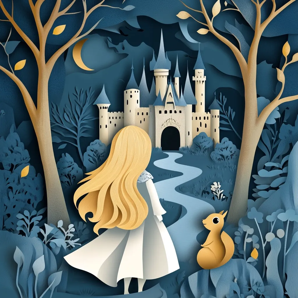 A blonde girl in a white dress walks a winding path towards a fairytale castle nestled within a moonlit forest.  The scene is rendered in a paper-cut style, with intricate details in blues and golds. A small squirrel accompanies the girl on her journey. The overall mood is serene and magical, evoking a sense of wonder and enchantment.
