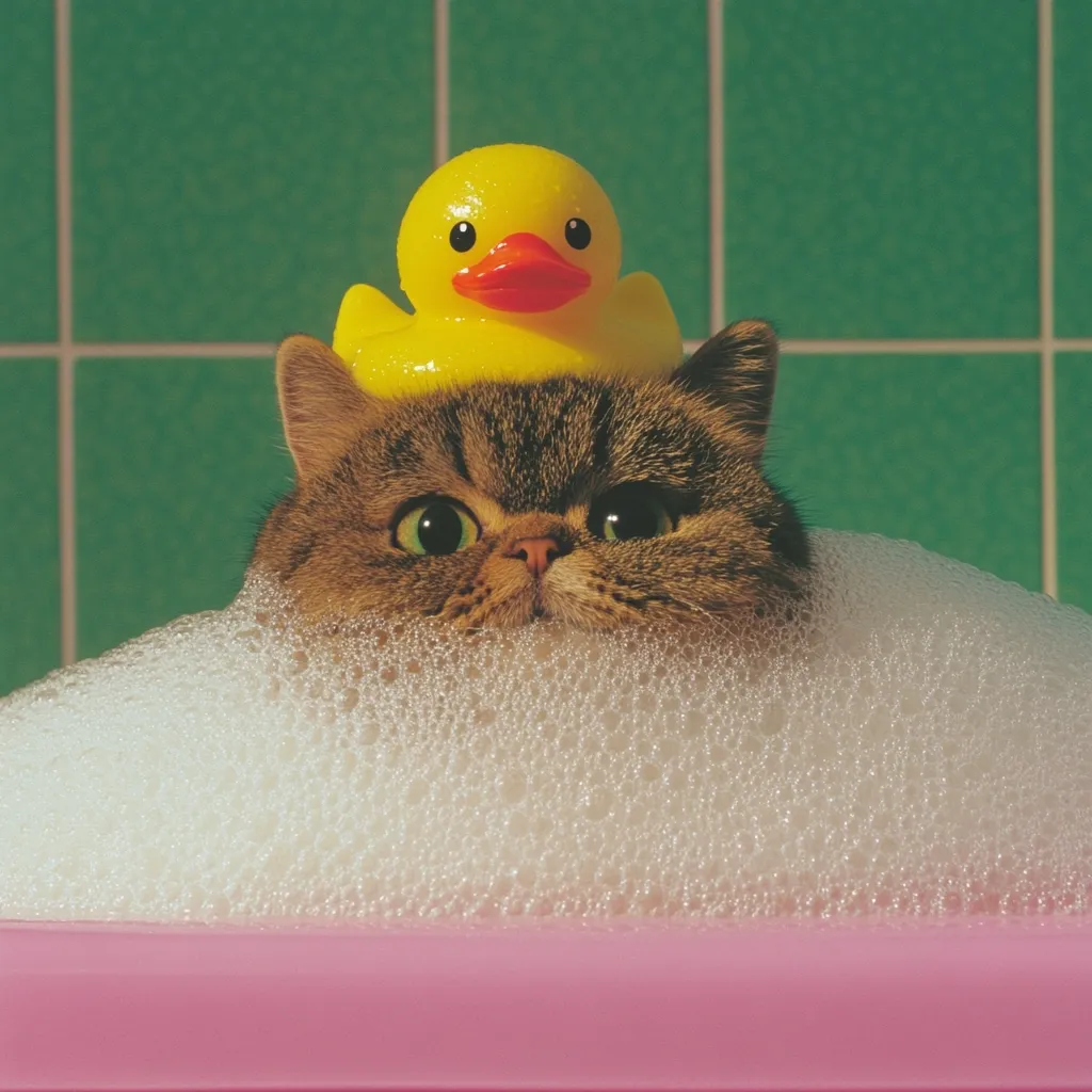 A brown exotic shorthair cat sits in a bubble bath. A yellow rubber ducky sits atop its head.  The cat's expression is one of mild annoyance, its large eyes peering out from the suds. The bathtub is pink. The background is a green tiled wall. The overall scene is humorous and slightly surreal.