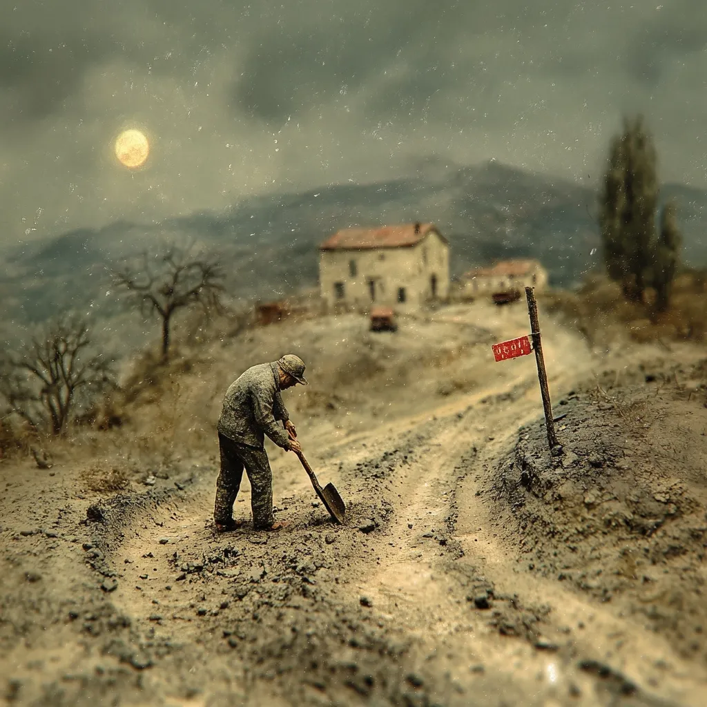 A lone, weathered figure toils with a shovel on a desolate, muddy road under a melancholic moon.  A small, red sign reading "Death" marks a fork in the path, leading towards a distant, austere farmhouse.  The scene evokes a sense of hardship, isolation, and impending doom, set against a backdrop of a bleak, wintry landscape.