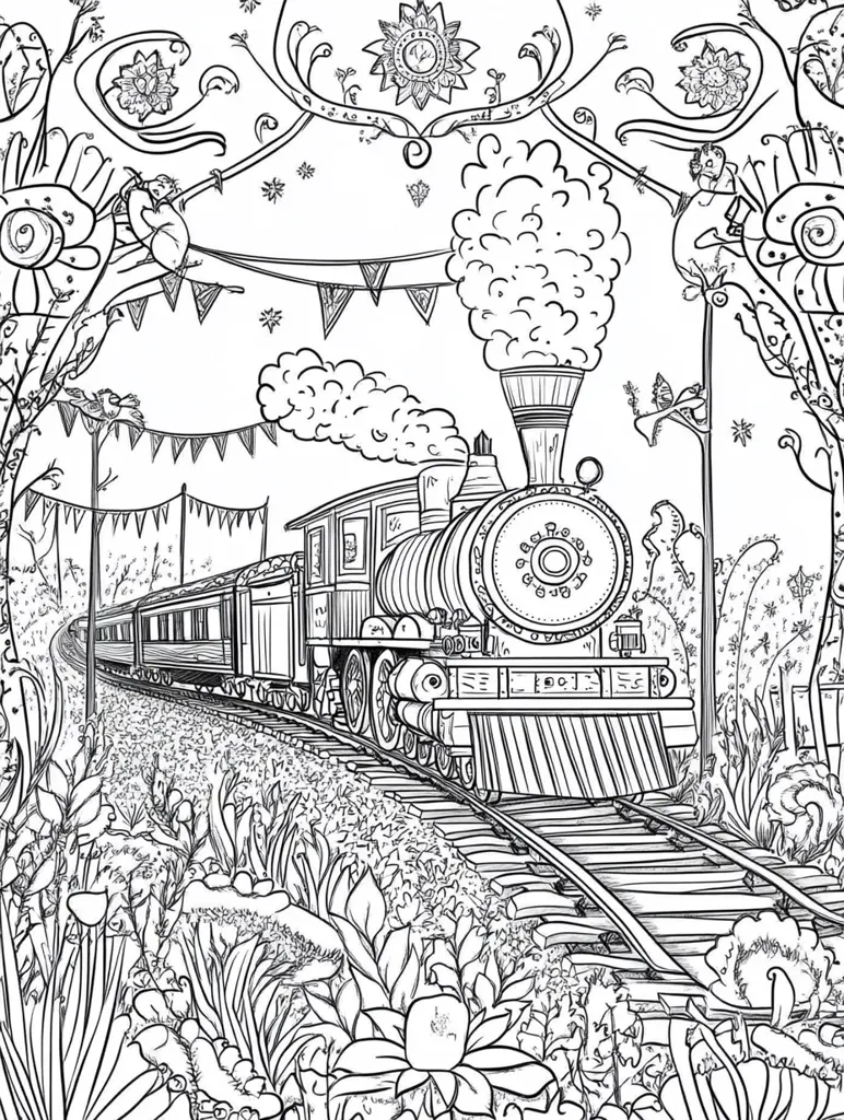 A detailed line drawing depicts a steam train chugging through a whimsical landscape.  Ornate floral designs frame the scene, with bunting strung above the tracks. The train is rendered with intricate detail, showcasing its wheels, smokestacks, and carriages.  The style suggests a coloring book page, emphasizing intricate patterns and fanciful elements within both the train and the surrounding flora.