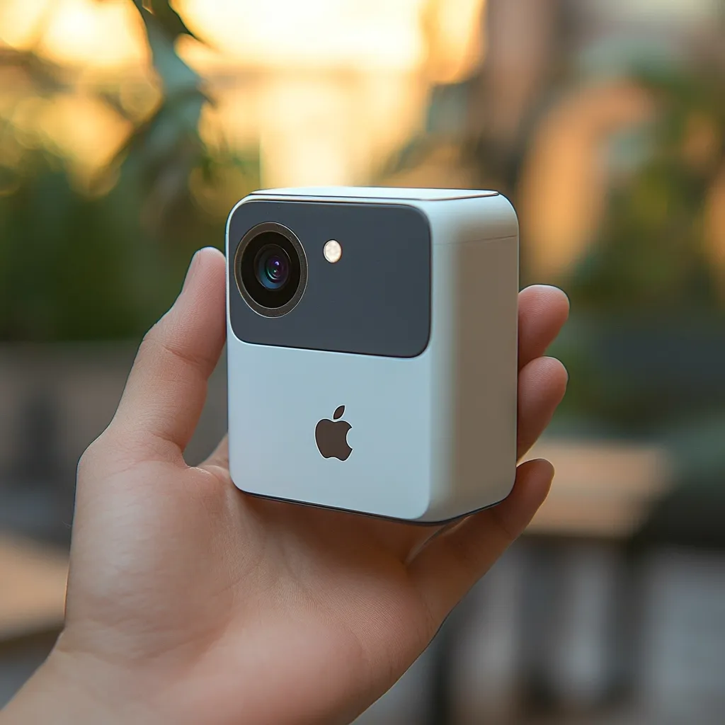 A hand holds a square-shaped Apple camera.  The device is predominantly white with a dark gray top section housing the lens.  The Apple logo is subtly displayed on the white portion. The background is blurred, showing an outdoor setting with greenery. The camera appears compact and modern, suggesting a portable and possibly high-quality imaging device.