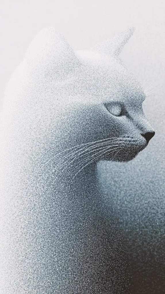 A stylized image depicts a cat's profile, seemingly composed of countless tiny particles.  The cat's form is subtly revealed through variations in density, with a lighter, almost ethereal, effect on the left, gradually darkening towards the right. The overall impression is one of delicate beauty and an otherworldly feel. The texture is grainy, giving the cat a sense of depth and movement.