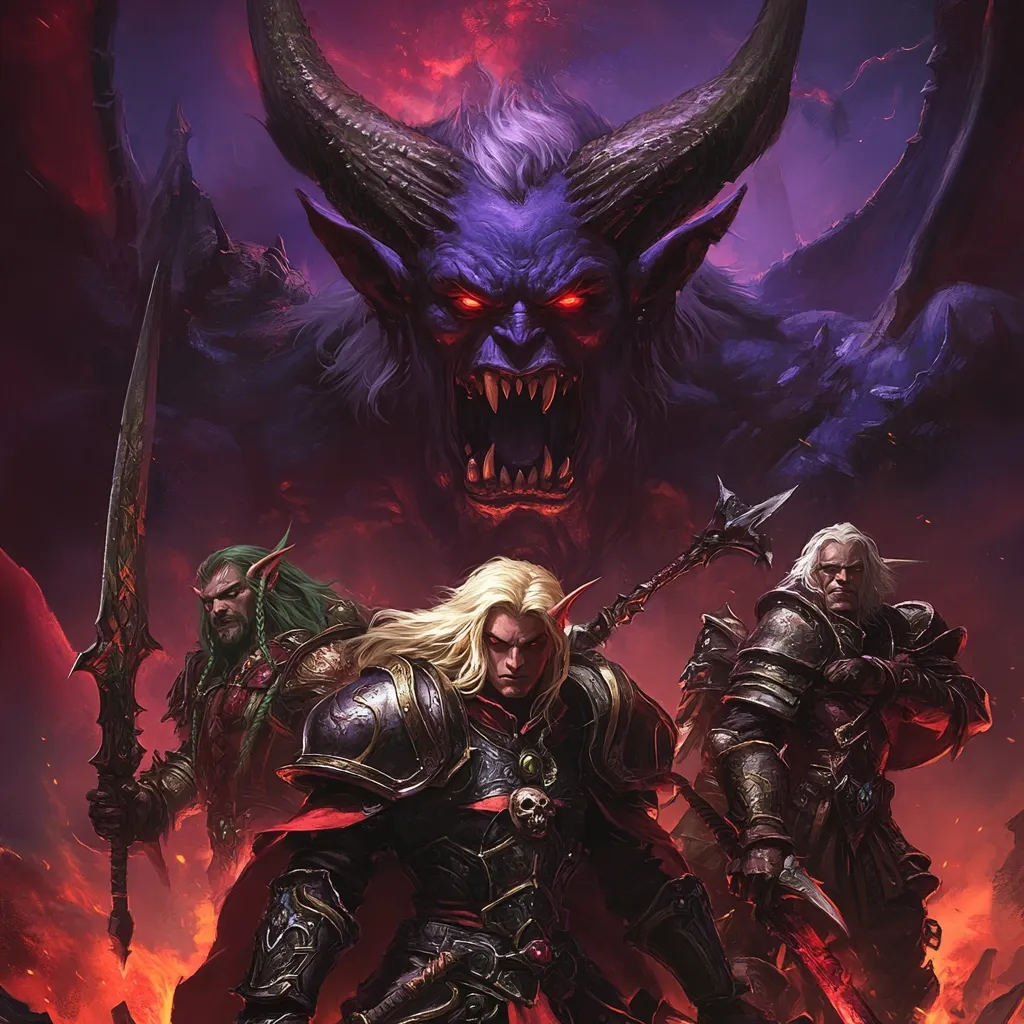 A dramatic fantasy artwork depicts three warriors standing before a colossal, demonic figure.  The central warrior, a blonde elf in dark armor, is flanked by a green-skinned elf wielding a large sword and a grey-haired warrior with a wicked-looking axe.  The demonic entity looms large, its fiery eyes and sharp teeth a terrifying presence.  The scene is set against a backdrop of fiery hellish landscape.