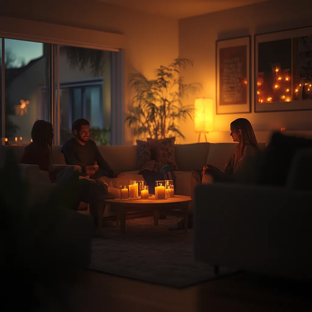 Three young adults relax on a dimly lit living room couch, surrounded by the warm glow of numerous candles on a coffee table.  A woman sits slightly apart, contemplative.  The room is softly illuminated, creating a cozy and intimate atmosphere.  Large windows reveal a twilight exterior.  The scene suggests a relaxed evening gathering.