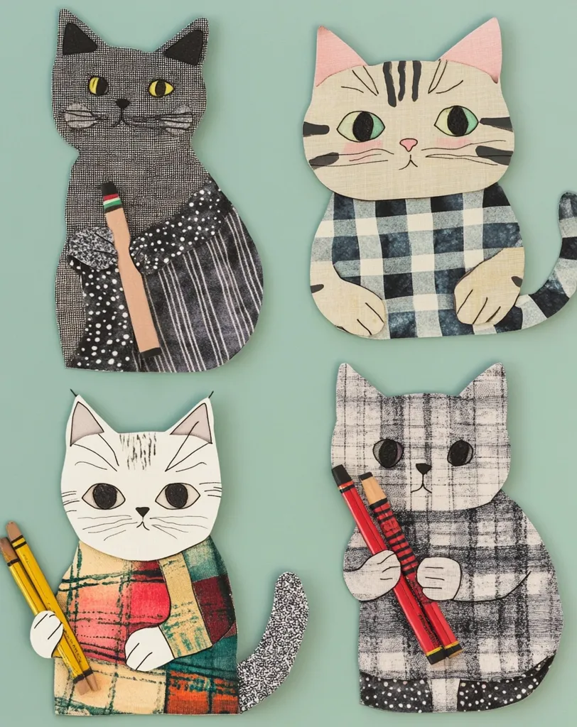 Four charming cat figures are crafted from fabric scraps, each holding pencils.  The cats, in varying shades of gray and white, are dressed in plaid shirts.  Their designs blend illustration and textile art, creating a unique and whimsical aesthetic.  The background is a soft, muted green.