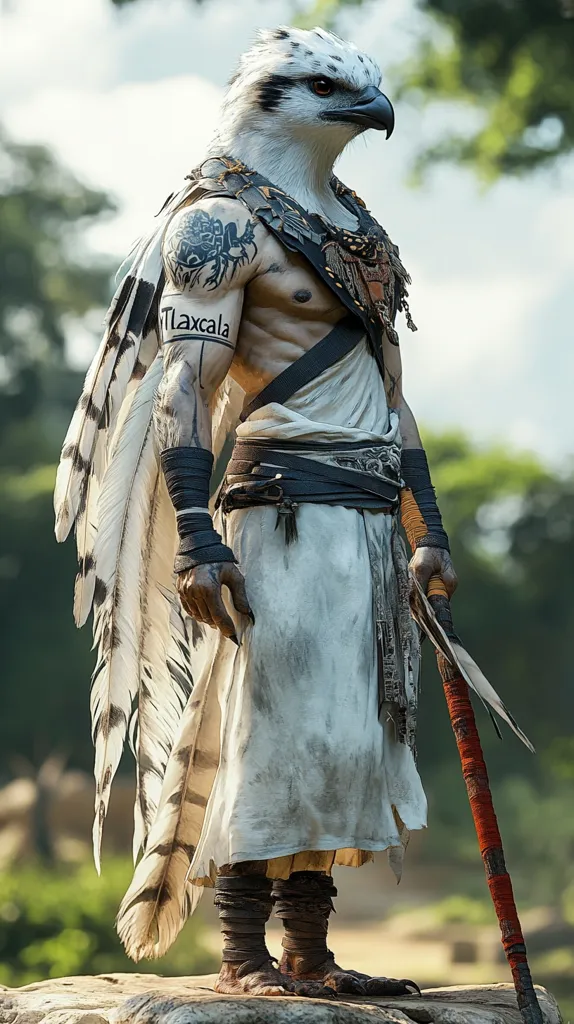 A muscular humanoid figure with a hawk's head and powerful physique stands on a rock.  He's adorned in white, flowing robes and dark leather wraps, along with a feathered cape.  A tattoo reading "Tlaxcala" is visible on his arm.  He carries a long, red-wrapped staff, completing a striking and fantastical warrior aesthetic.  The background is blurred, showcasing a lush, natural setting.