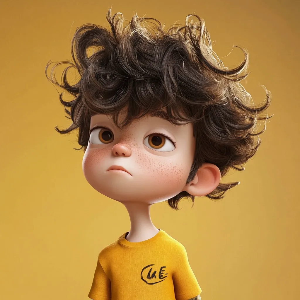 A 3D-rendered illustration of a young boy with a grumpy expression. He has a mop of brown, curly hair, fair skin sprinkled with freckles, and large, expressive brown eyes.  He's wearing a mustard-yellow t-shirt with a small, indistinct logo. The boy's overall style is cute and cartoonish, with exaggerated features. The background is a solid, muted yellow.