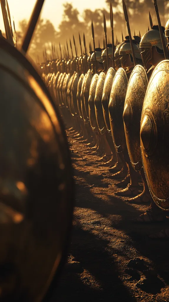 A long line of ancient warriors stands shoulder-to-shoulder, their bronze shields and spears gleaming in the setting sun.  The scene evokes a sense of military might and discipline, the soldiers' unwavering stance suggesting readiness for battle.  The warm light casts long shadows on the dusty ground, emphasizing the depth and scale of the formation.  The image's focus blurs at the foreground, drawing attention to the meticulously arranged ranks of soldiers.
