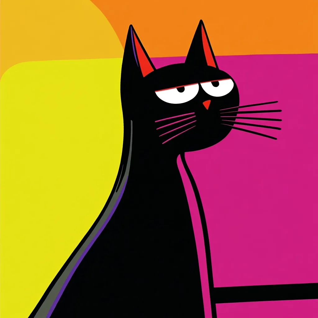 A stylized black cat is depicted against a vibrant background of yellow, orange, and fuchsia.  The cat's expression is one of mild displeasure, its features simplified yet expressive.  Bold outlines and flat color create a graphic, pop-art feel. The image is playful yet slightly melancholic in its mood.