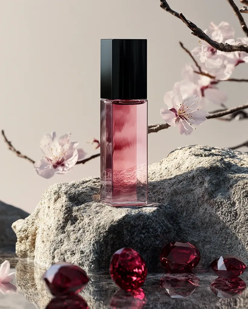 A sleek, rectangular perfume bottle with a black cap rests on a gray rock.  The bottle contains a deep pink liquid.  Delicate pink cherry blossoms and several lustrous red gemstones surround the bottle, creating a serene and luxurious aesthetic. The scene is softly lit, enhancing the elegant presentation of the fragrance.