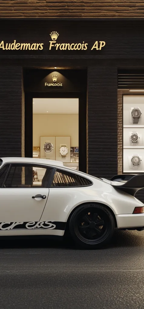 A classic white Porsche 911 Carrera sits parked on the street outside an Audemars Piguet boutique.  The store's dark exterior contrasts sharply with the car's bright paint.  The display window showcases a selection of luxury watches.  The overall scene exudes an air of wealth and sophisticated taste.