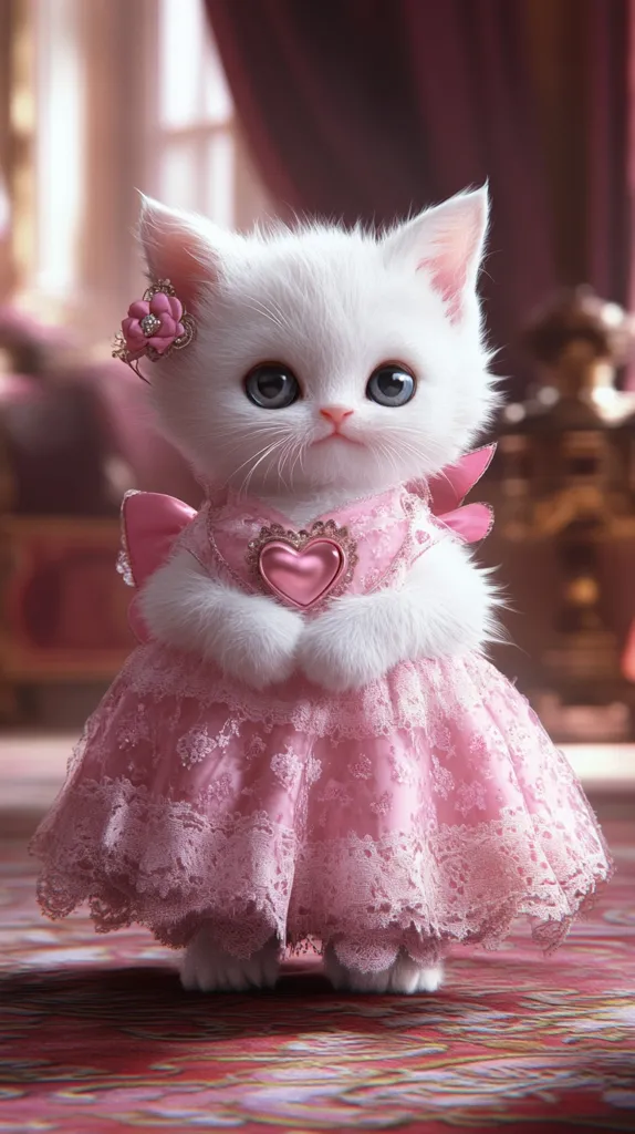 A fluffy white kitten, adorned in a delicate pink lace dress and a pink flower hair clip, holds a pink heart-shaped ornament.  Its big, expressive blue eyes and sweet demeanor create an endearing image. The kitten stands on a richly colored carpet in what appears to be an elegant setting. The overall style is digitally rendered, conveying a whimsical and charming atmosphere.