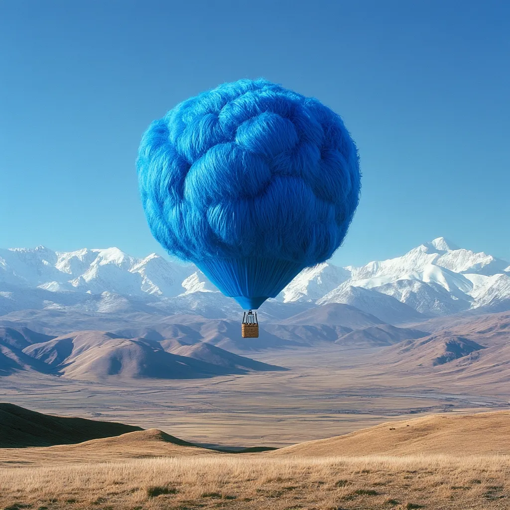 A surreal hot air balloon, resembling a giant blue cloud of fur, floats serenely over a vast, dry landscape.  Snow-capped mountains form a majestic backdrop under a clear blue sky. The balloon's small, wicker basket hangs beneath its fluffy exterior, offering a whimsical contrast to the rugged terrain. The scene evokes a sense of peaceful adventure and fantastical wonder.