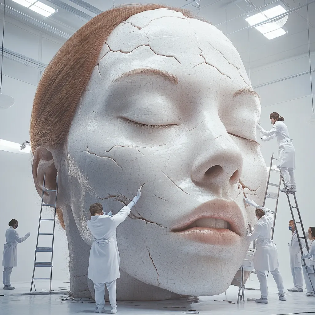 A colossal, cracked female head, reminiscent of a sculpture, dominates a sterile white room.  Several figures in white lab coats meticulously repair the head's surface, working with precision and care.  Ladders support some workers reaching the higher areas of the giant face. The scene is surreal, blending artistry and a sense of scientific restoration or repair.