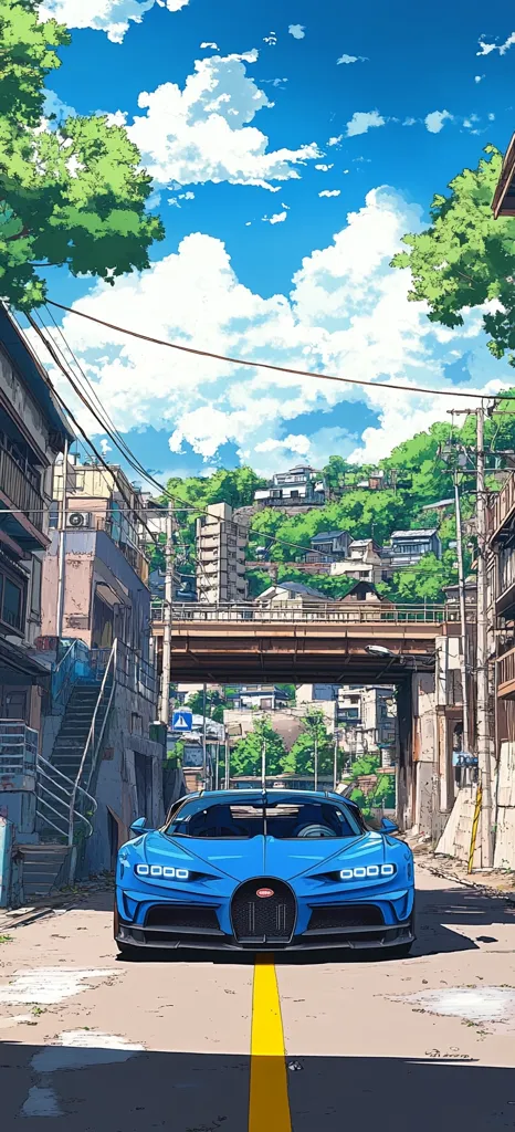 A vibrant anime-style illustration depicts a blue Bugatti Chiron parked on a narrow street, nestled amongst aged buildings under a bright, sunny sky. Lush green foliage climbs the hillside in the background, enhancing the contrast between the modern car and the older architecture.  The scene is peaceful, suggesting a quiet moment in a bustling, hillside town.  A yellow line runs down the center of the road in front of the car.