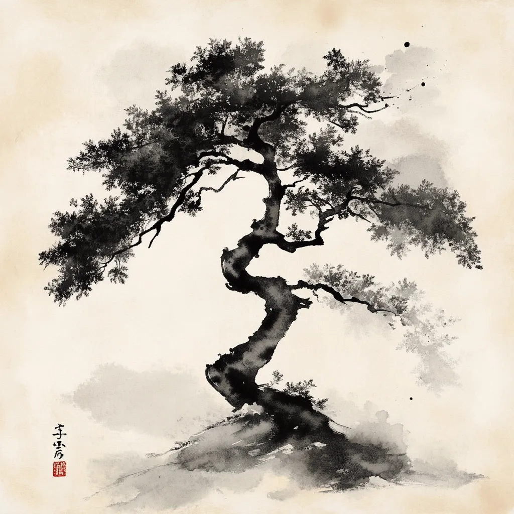 A striking monochrome ink wash painting depicts a lone pine tree, its gnarled trunk twisting dramatically against a pale background. The tree's branches spread wide, creating a sense of age and resilience.  Soft gray washes suggest mist or fog, enhancing the atmospheric perspective. The style is reminiscent of traditional East Asian sumi-e painting, emphasizing negative space and the natural beauty of a single element.  A small red seal adds an authentic touch.