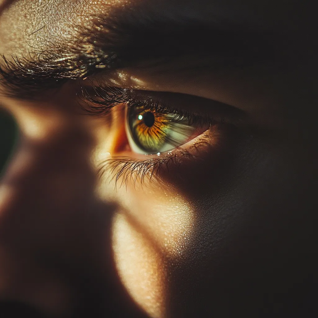 A close-up shot captures a person's eye, partially illuminated by sunlight creating a dramatic contrast of light and shadow on the face.  The eye is striking, showcasing a captivating blend of green and gold tones.  Long dark lashes frame the eye, adding depth and intensity to the image.  The overall mood is contemplative and intimate.