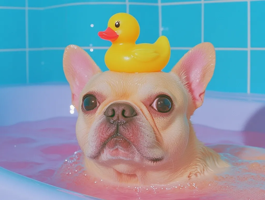 A cream-colored French Bulldog sits in a pink bubble bath.  A small yellow rubber ducky is perched on its head. The dog's large, expressive eyes are visible above the waterline.  The background features light blue bathroom tiles. The overall image is bright and cheerful, suggesting a playful bath time.