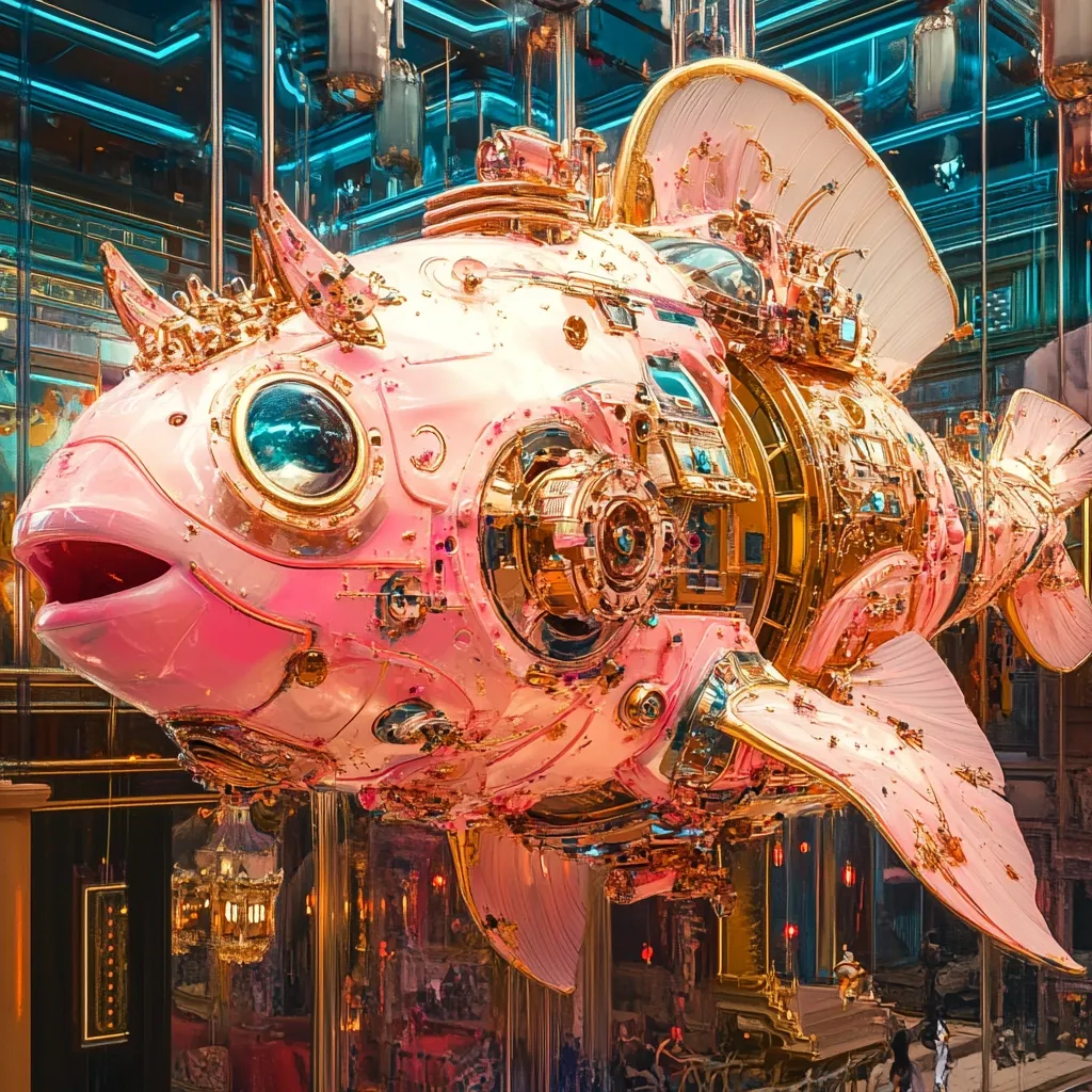 A large, intricately detailed steampunk fish dominates the image.  Its body is a pale pink, contrasted by gleaming gold gears and mechanisms visible through its translucent sections.  The fish features ornate detailing, including small horns and a large, expressive eye. It hangs suspended in a lavish, opulent setting reminiscent of a futuristic casino or palace.  The background is a blur of rich colors and architectural details.