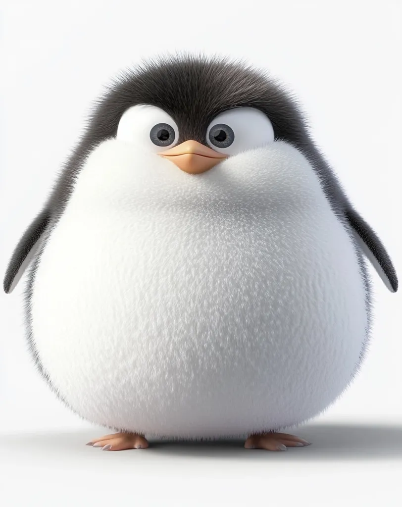 A fluffy, cartoon penguin is depicted in a close-up shot against a white background. Its large, expressive eyes and round body give it a cute appearance. The penguin's black head and wings contrast with its white, plush belly.  It appears soft and cuddly, possibly a character from an animation. The image is brightly lit, highlighting the texture of the penguin's fur.