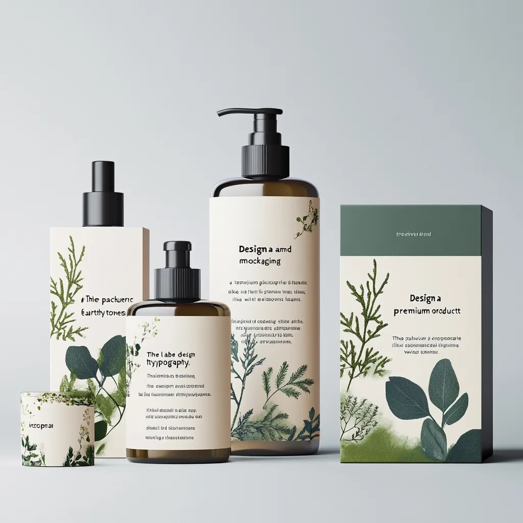 A mockup of premium product packaging features three amber bottles and a box, all adorned with botanical illustrations.  The design emphasizes earthy tones and minimalist typography.  Labels include text like "Design a amd mockaging," "The labe design typography," and "Design a premium product," suggesting a branding concept for a skincare or beauty line.  The overall aesthetic is sophisticated and natural.
