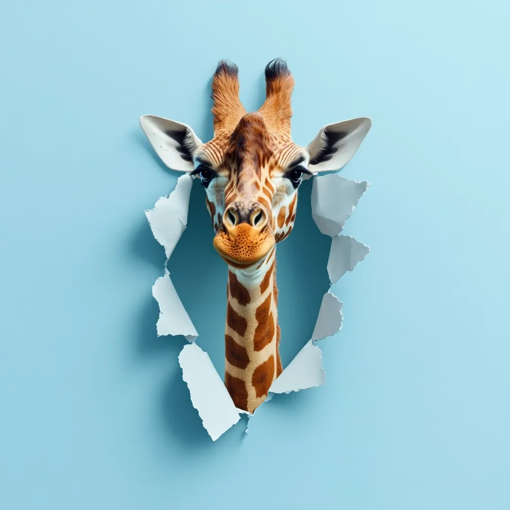 A giraffe's head and neck peek through a torn hole in a light blue background.  The giraffe's expression is curious and gentle. The contrast between the animal and the plain backdrop creates a striking visual effect. The ripped paper adds a playful and unexpected element to the image.
