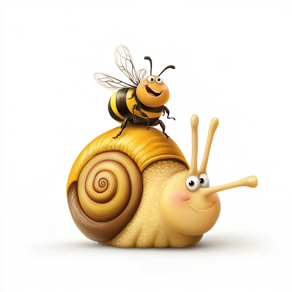 A cheerful cartoon snail with a large, spiraled shell carries a friendly bee on its back.  The snail is light yellow-brown, with large, expressive eyes and a smiling face. The bee is black and yellow, also with a happy expression.  Both creatures are depicted in a whimsical, 3D-rendered style against a plain white background.
