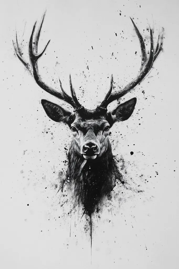 A striking black and white illustration depicts a stag's head and antlers.  The style is bold, with detailed rendering of the deer contrasted by a splattered ink background. The stag's expression is serious, its gaze direct.  The image evokes a sense of power and wildness, the black ink creating a dramatic effect against the white backdrop.  The antlers are large and impressive, reaching out towards the edges of the frame.