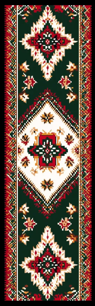 The image shows a detailed design of a rug or carpet.  The central motif features a diamond shape with intricate floral patterns in red, white, and gold against a dark green background.  Red and gold border designs flank the central pattern, adding to the overall richness and complexity of the design.  The style suggests a traditional or folk-inspired pattern.