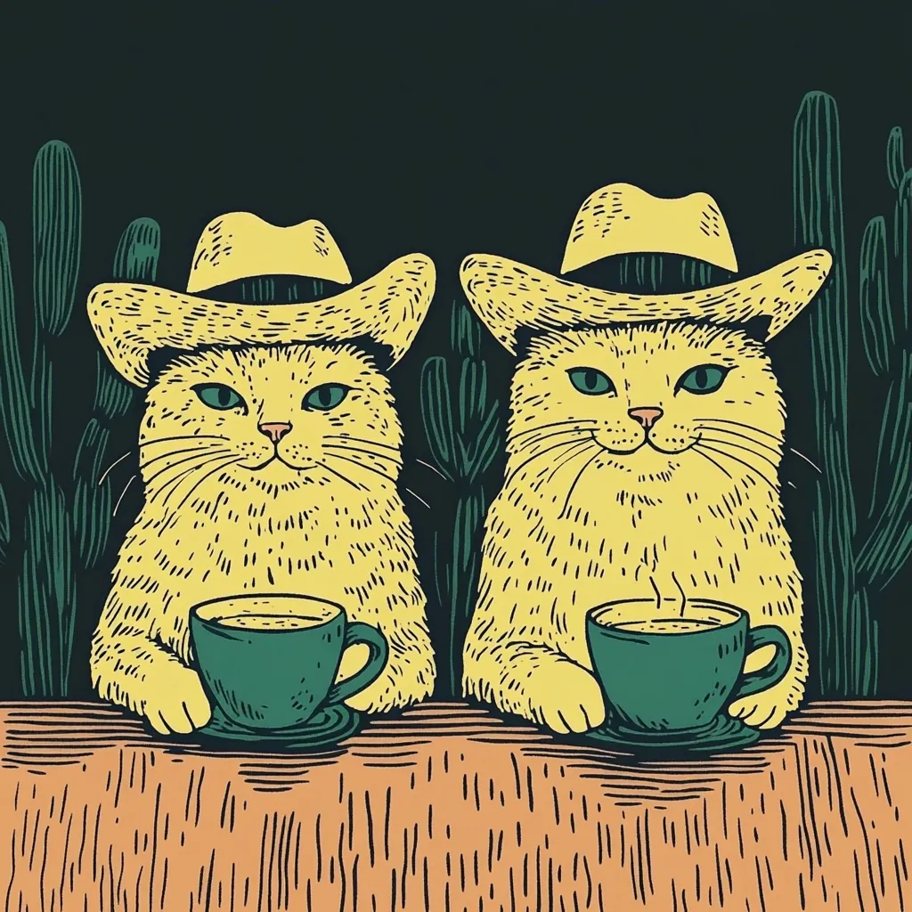 Two yellow cats, wearing cowboy hats, sit side-by-side at a table.  Each cat holds a steaming cup of coffee in its paws.  They are positioned against a dark background featuring cacti, creating a whimsical, western-themed scene.  The illustration style is reminiscent of vintage line art, with bold outlines and muted colors.