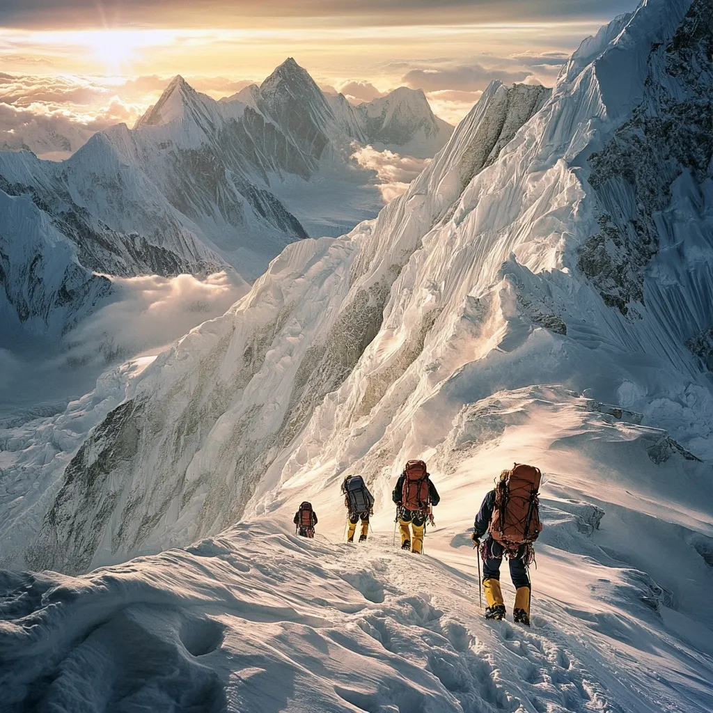 A breathtaking panoramic view of a majestic mountain range at sunset. Four climbers, silhouetted against the golden light, ascend a snow-covered ridge.  The vast expanse of snow-capped peaks and valleys stretches to the horizon, a testament to the grandeur and challenge of high-altitude mountaineering.  The scene evokes a sense of adventure, perseverance, and the awe-inspiring beauty of the natural world.