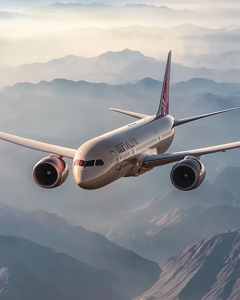 A Boeing 787 Dreamliner, adorned with Air India livery, soars gracefully above a breathtaking landscape of misty mountains.  The aircraft's sleek design and powerful engines are prominently displayed against the soft, muted tones of the mountainous terrain. The image evokes a sense of serene flight and the vastness of the sky.  The overall atmosphere is one of peaceful travel and majestic scenery.