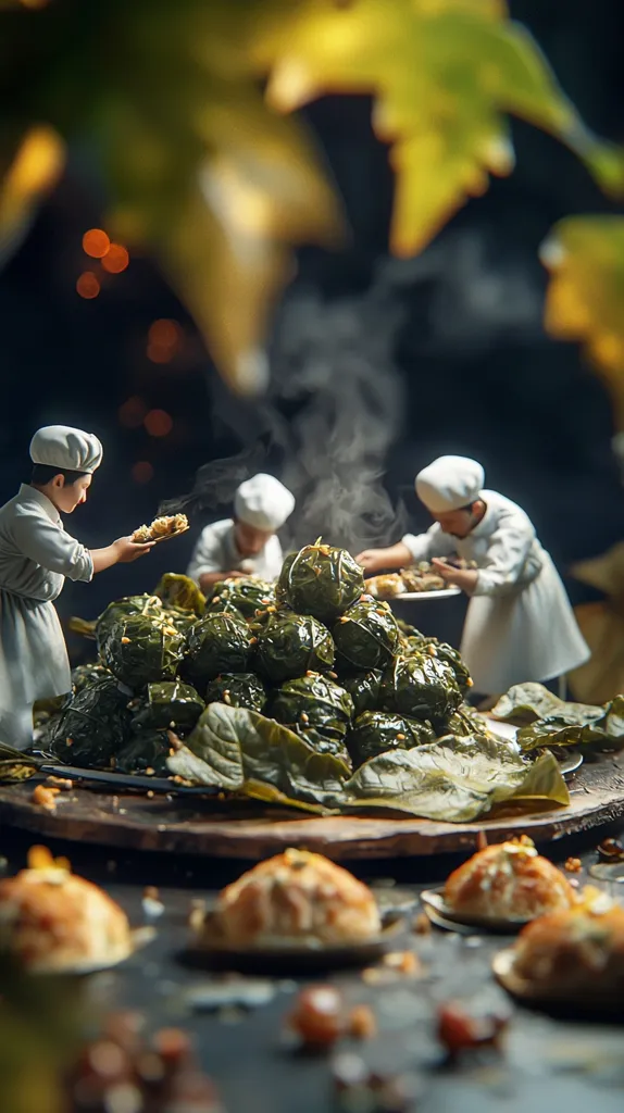 Miniature chefs meticulously prepare a large platter of dolmas, succulent grape leaves stuffed with rice and herbs.  Steam rises from the freshly cooked dish, adding to the captivating scene. The chefs, in pristine white attire, work diligently, surrounded by a blurred background of autumnal leaves.  Smaller, baked treats are scattered on the table in the foreground, completing the culinary tableau.