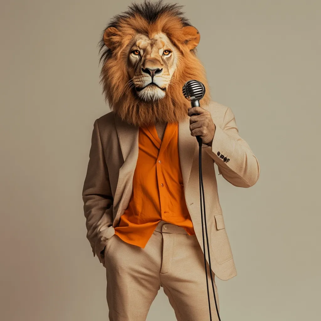 A lion's head, seamlessly merged onto a human body, stands confidently.  The figure is dressed in a beige suit and vibrant orange shirt, holding a vintage microphone.  The overall effect is surreal and humorous, presenting a unique blend of animal and human characteristics in a stylish, almost dapper, presentation.