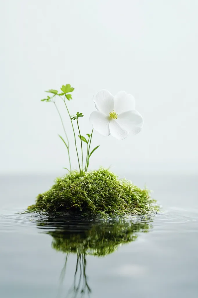 A single, delicate white flower blossoms atop a miniature island of vibrant green moss, gently floating on calm, reflective water.  The serene scene evokes a sense of tranquility and peace, the small plant a symbol of resilience and beauty amidst simplicity. The background is a soft, muted light, drawing focus to the miniature ecosystem.