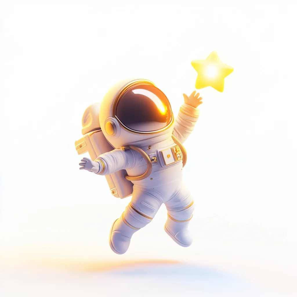 A cute, cartoon astronaut in a white and gold spacesuit joyfully leaps towards a glowing yellow star.  The astronaut's arms are outstretched, suggesting a feeling of wonder and excitement. The scene is set against a bright white background, highlighting the astronaut and star.  The overall image is playful and optimistic.
