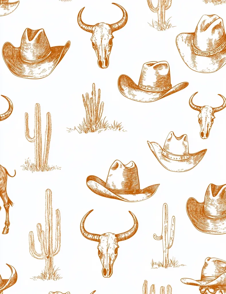 A seamless pattern featuring hand-drawn illustrations of western motifs.  The design includes cowboy hats, longhorn skulls, cacti of varying sizes, and a single bull.  The style is reminiscent of vintage etchings or woodcuts, using a consistent burnt orange color on a white background.  The overall effect is rustic and evocative of the American West.