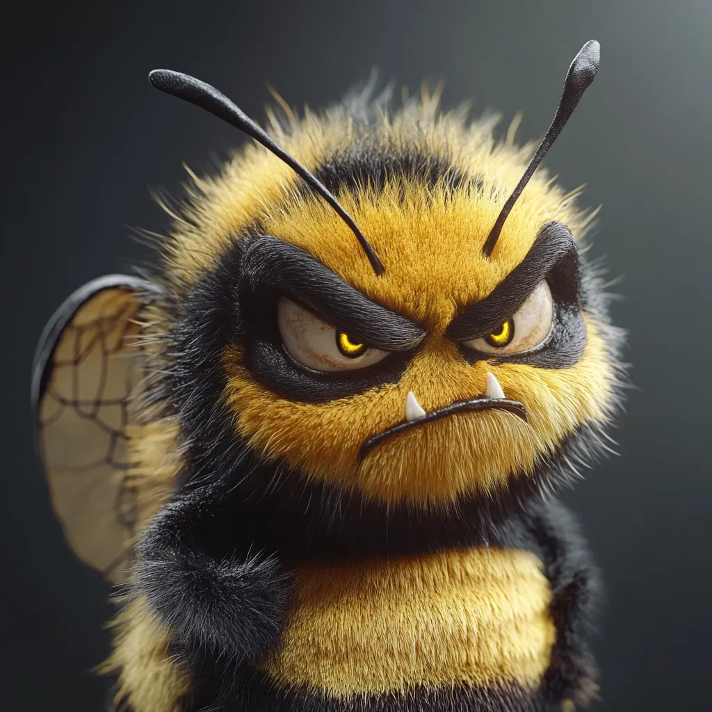 A close-up reveals a digitally rendered, furry bumblebee with an intensely angry expression. Its yellow and black fuzzy body contrasts with its dark, scowling face, accentuated by sharp, prominent teeth.  Glowing yellow eyes add to its menacing appearance, creating a surprisingly cute yet intimidating character. The detailed fur and sharp features are striking.