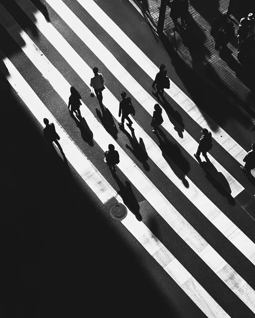 A high-angle, black and white photograph captures pedestrians crossing a zebra crossing.  The strong sunlight casts long shadows, creating a dramatic contrast between the dark figures and the bright stripes. The image is stark and minimalist, focusing on the geometric patterns and the anonymous movement of people in an urban setting.  The composition emphasizes the parallel lines of the crossing and the shadows stretching across the street.