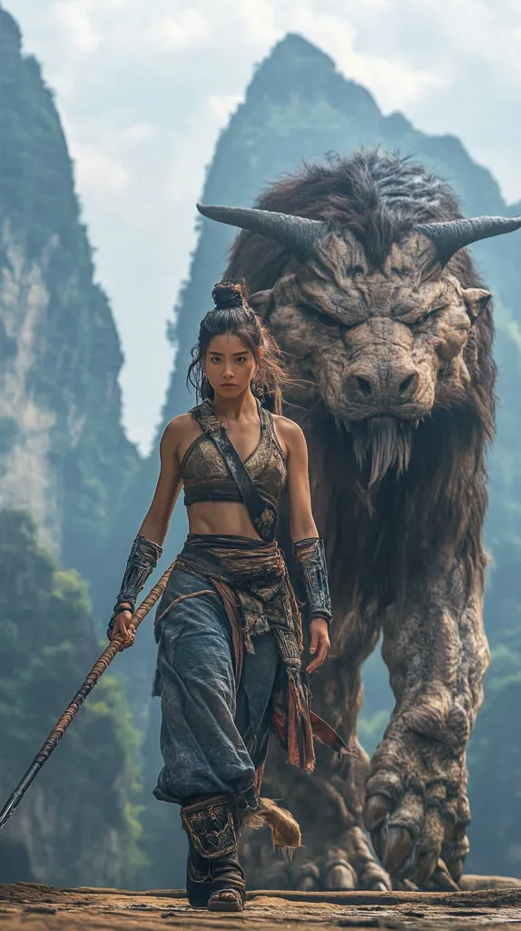 A female warrior, clad in rugged, earthy-toned attire, strides confidently forward, a long spear held firmly in her hand.  Behind her, a massive, imposing beast with large horns and a stony hide looms, its presence both powerful and protective.  The backdrop is a dramatic, mountainous landscape, suggesting a fantastical, perhaps mythical, setting.  The overall mood is one of adventure and strength.