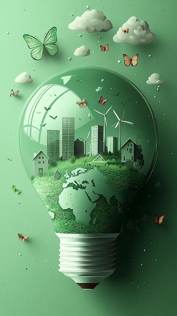 A large lightbulb contains a miniature green Earth, showcasing eco-friendly buildings, wind turbines, and lush greenery.  Butterflies and clouds float around the bulb against a sage green background, symbolizing environmental harmony and sustainable energy solutions for a brighter future.  The image evokes a sense of hope and the potential for a greener world.