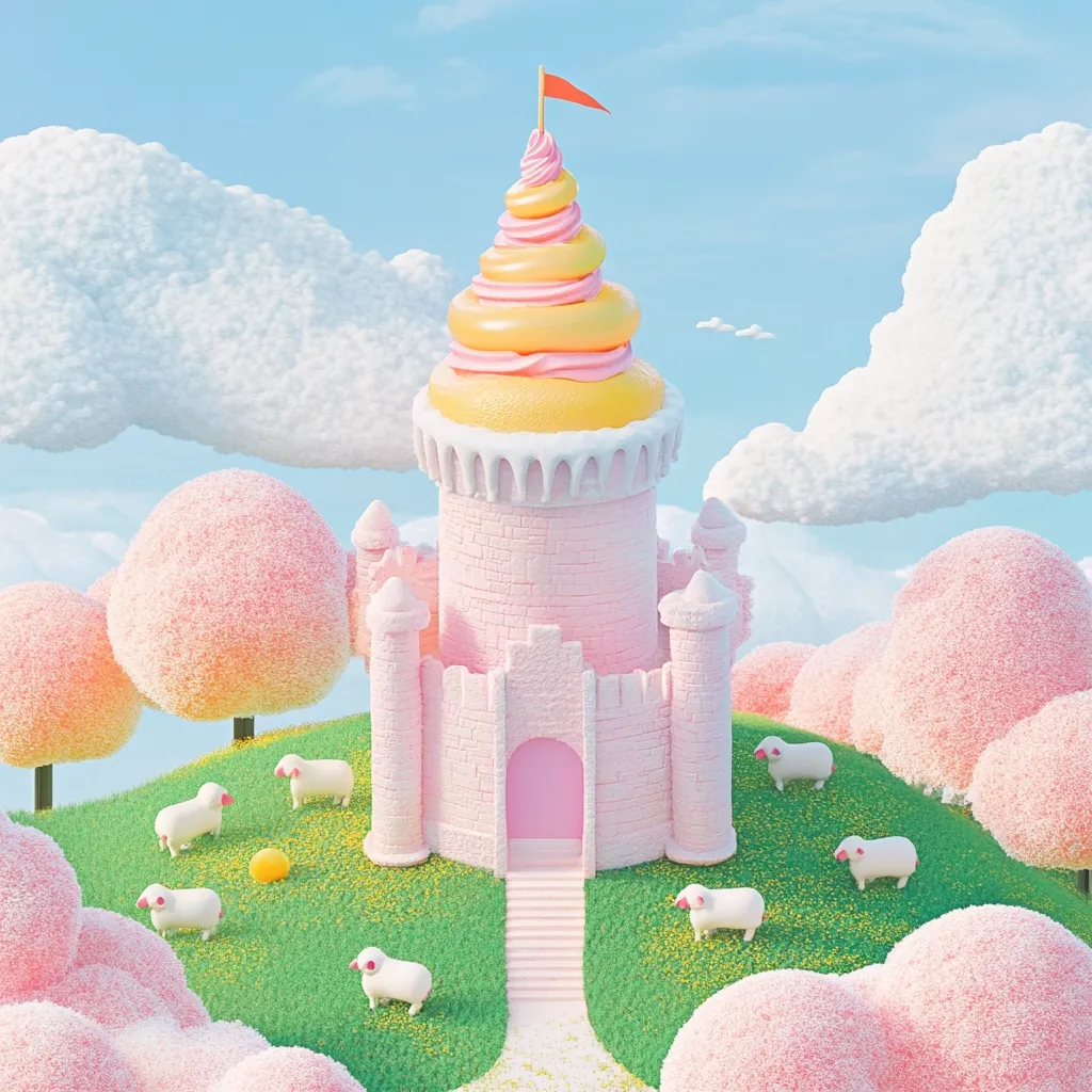 A whimsical pink castle, topped with a swirling pastel cupcake, sits atop a grassy hill.  Fluffy pink trees and clouds surround the scene.  Several small sheep graze peacefully in the meadow. The overall style is sweet and dreamy, evoking a sense of fantasy and childlike wonder.  A small staircase leads to the castle's pink entrance.