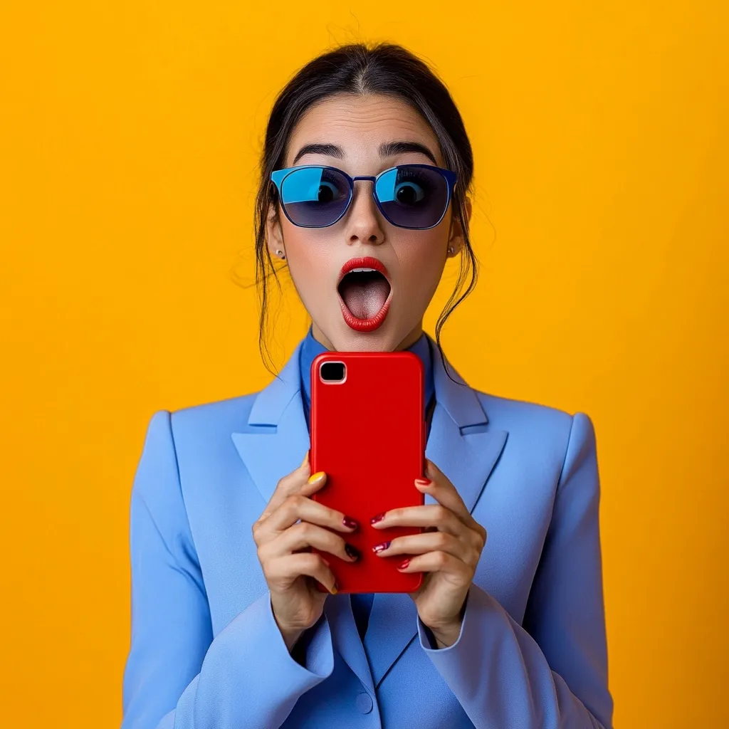 A young woman in a light blue suit and blue sunglasses looks shocked while holding a red phone. Her mouth is wide open in surprise against a bright yellow background.  The image is vibrant and eye-catching, emphasizing her astonished expression and the contrast of colors.