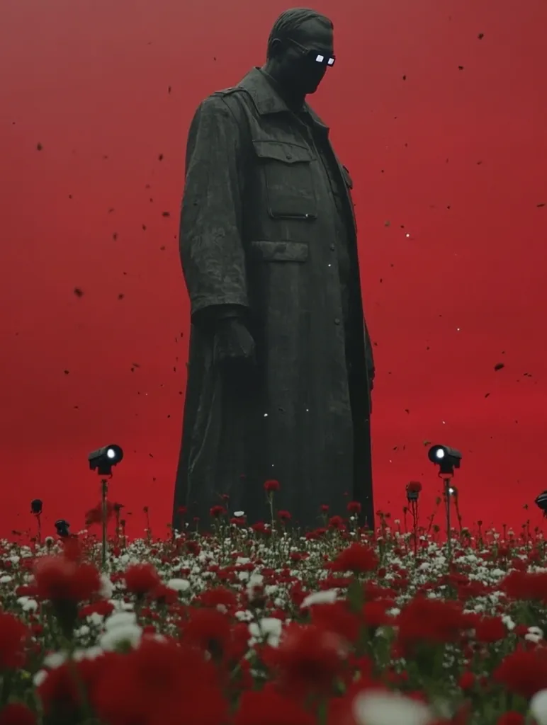 A large, dark statue of a man in a long coat stands before a vibrant red backdrop.  The statue wears what appears to be small, square glasses.  The foreground features a field of predominantly red flowers interspersed with white blooms.  Lighting equipment is visible on either side of the statue, suggesting a film set or artistic installation.  The overall mood is striking and somewhat surreal.
