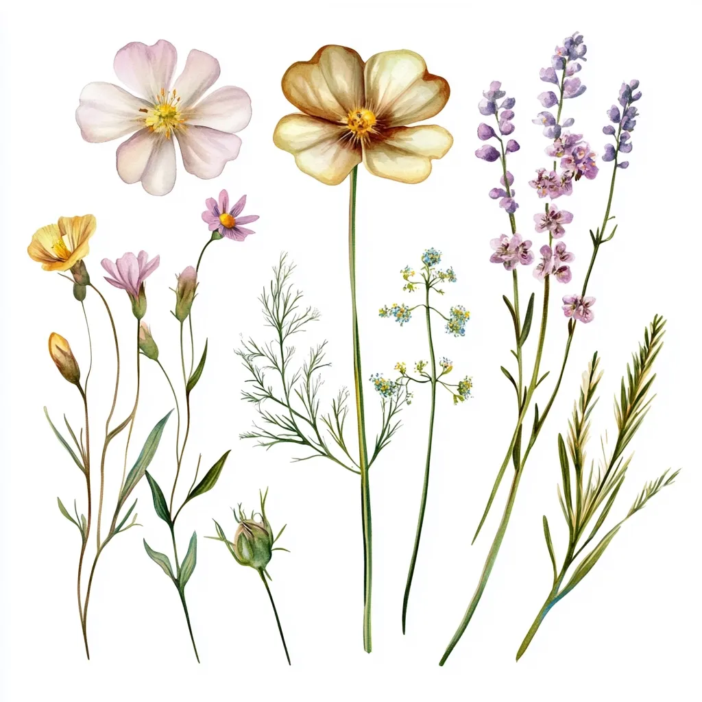 A watercolor illustration showcases a collection of delicate wildflowers.  The arrangement features a pale pink cosmos, a muted yellow cosmos, lavender sprigs, smaller pink and yellow flowers, and various green stems and seed pods. The flowers are rendered with soft, translucent colors and fine details, creating a botanical feel. The overall style is elegant and simple, suitable for various design applications.