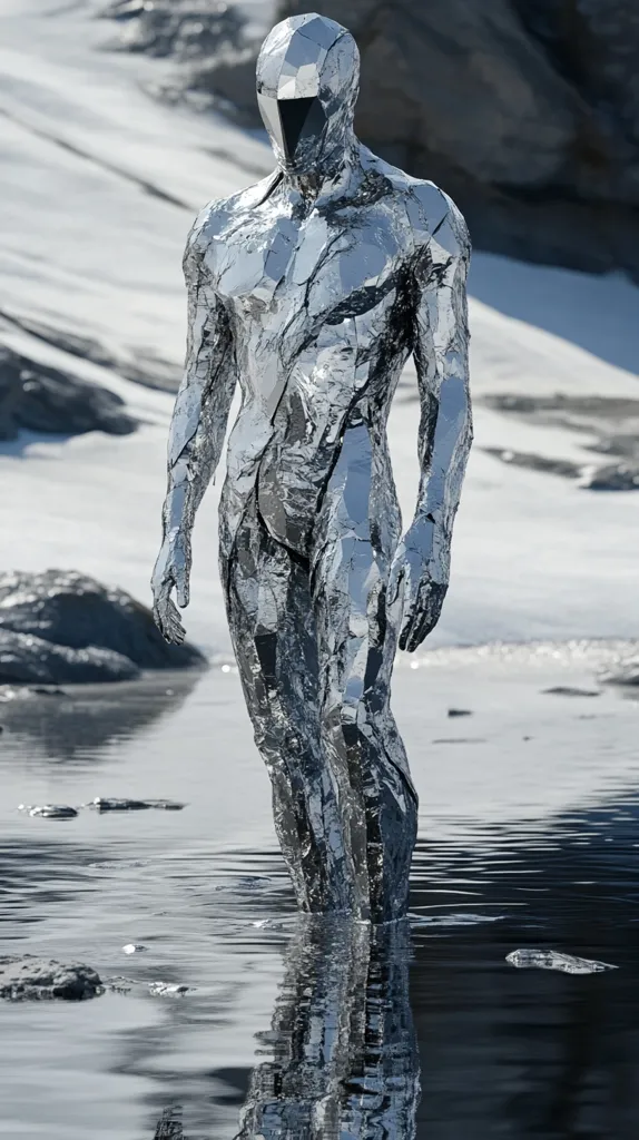 A chrome humanoid figure, seemingly composed of fragmented metallic plates, stands in shallow, calm water.  Its surface reflects the surrounding snowy landscape. The figure has a helmet-like head covering and a slender, almost gaunt, physique.  The overall impression is one of cold, futuristic isolation.